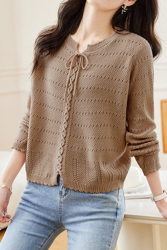 Hollowed-out round-neck knitted shirt - liwisi