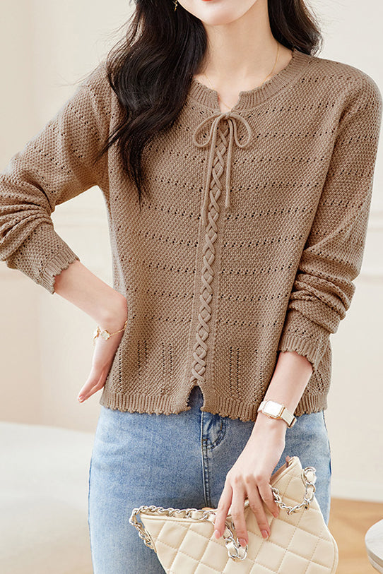Hollowed-out round-neck knitted shirt - liwisi