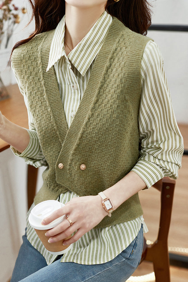 Elegant striped shirt and waistcoat two-piece set - liwisi