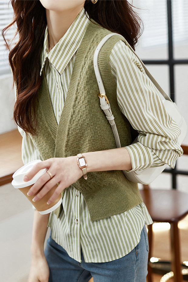 Elegant striped shirt and waistcoat two-piece set - liwisi