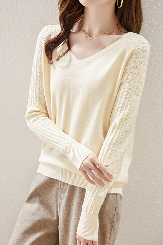 Solid-color V-neck knitted top - liwisi