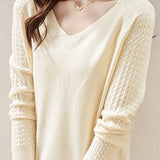 Solid-color V-neck knitted top - liwisi