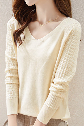 Solid-color V-neck knitted top - liwisi