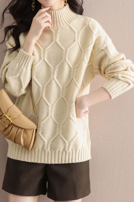 Half turtleneck loose knitted sweater - liwisi