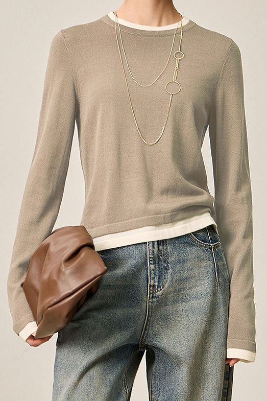 Fake two-piece round-neck knitted sweater - liwisi