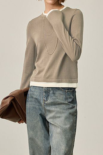 Fake two-piece round-neck knitted sweater - liwisi