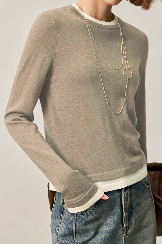 Fake two-piece round-neck knitted sweater - liwisi