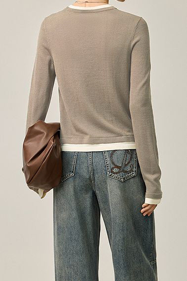 Fake two-piece round-neck knitted sweater - liwisi