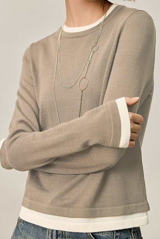 Fake two-piece round-neck knitted sweater - liwisi
