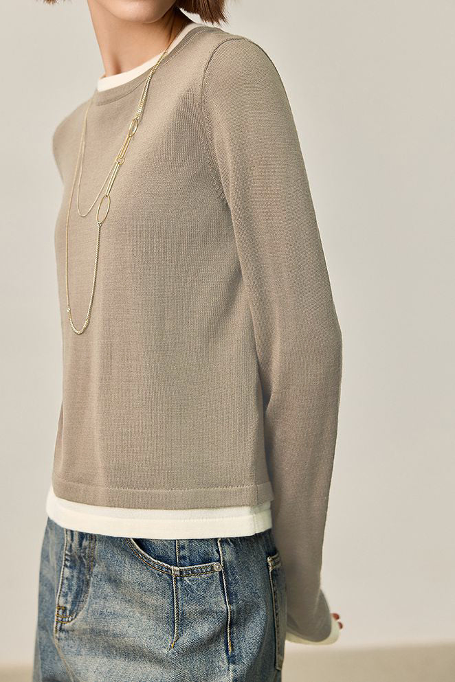 Fake two-piece round-neck knitted sweater - liwisi