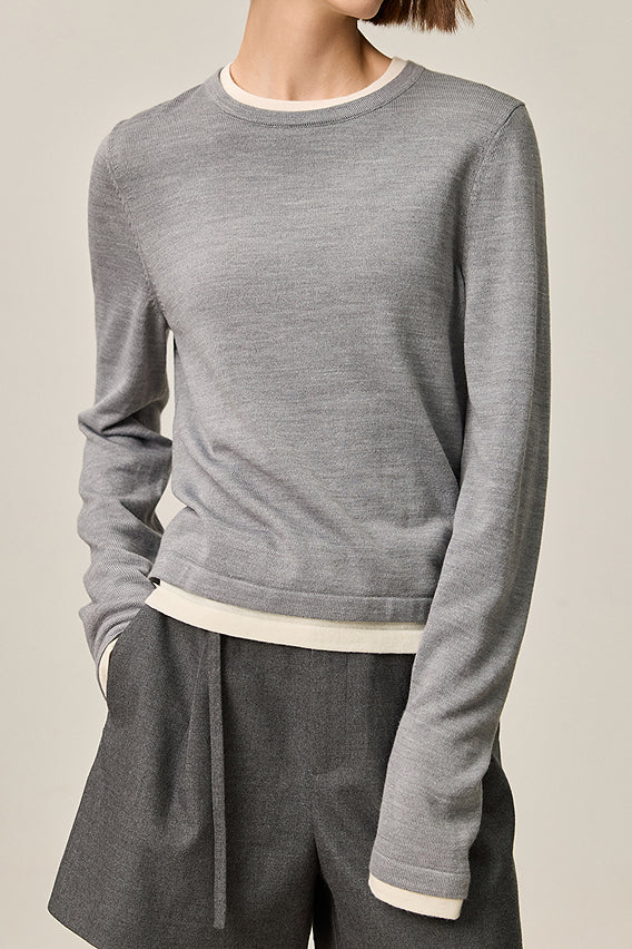 Fake two-piece round-neck knitted sweater - liwisi