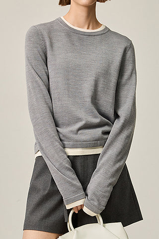 Fake two-piece round-neck knitted sweater - liwisi