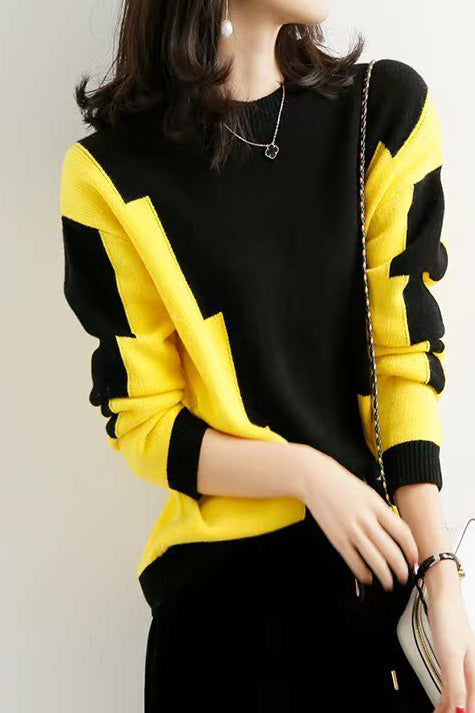 Fashion color-blocking knitted sweater - liwisi