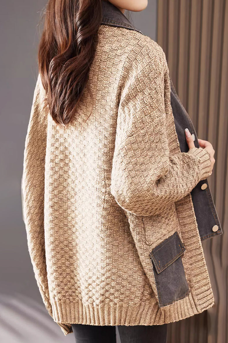 Spliced knitted cardigan coat - liwisi