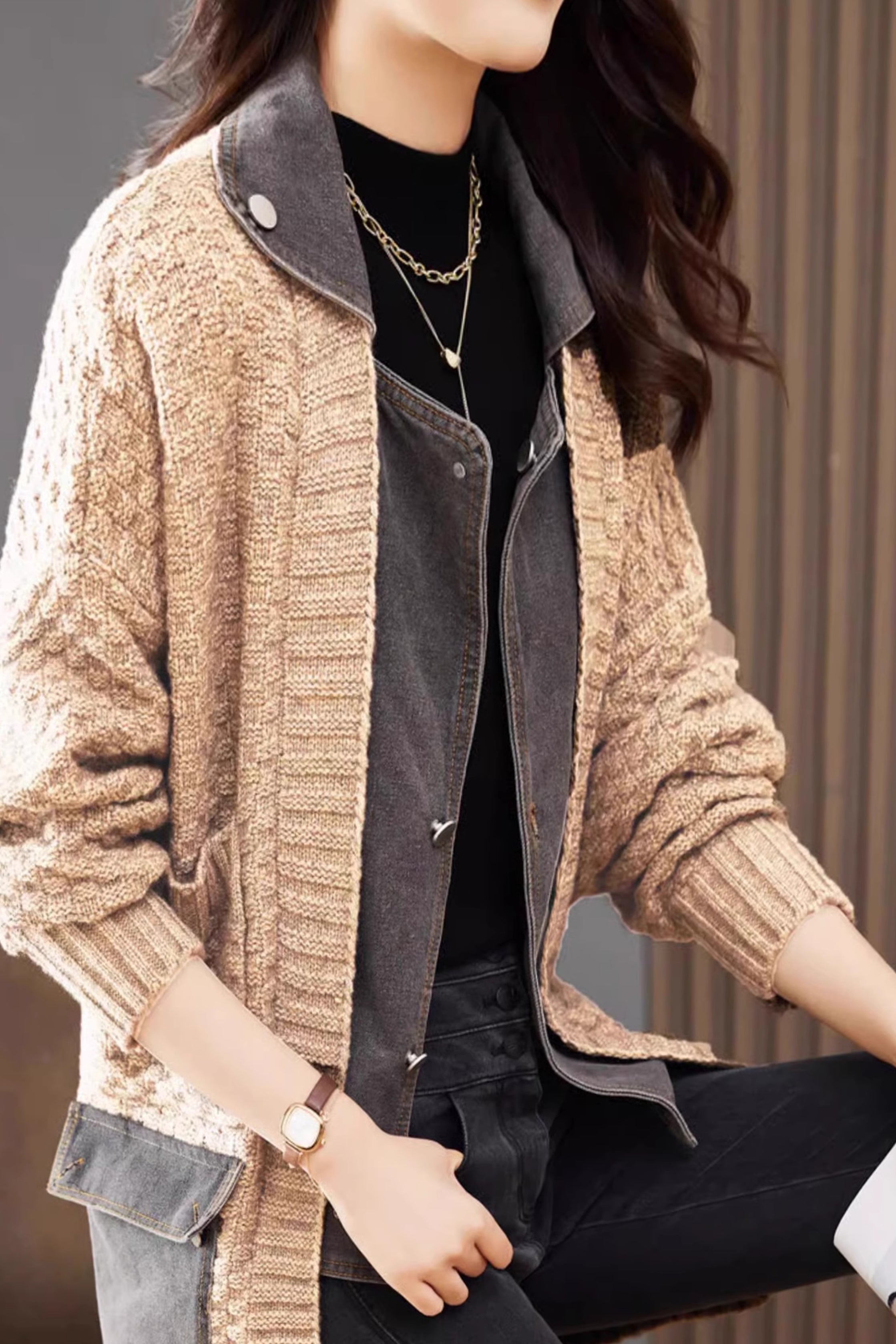 Spliced knitted cardigan coat - liwisi