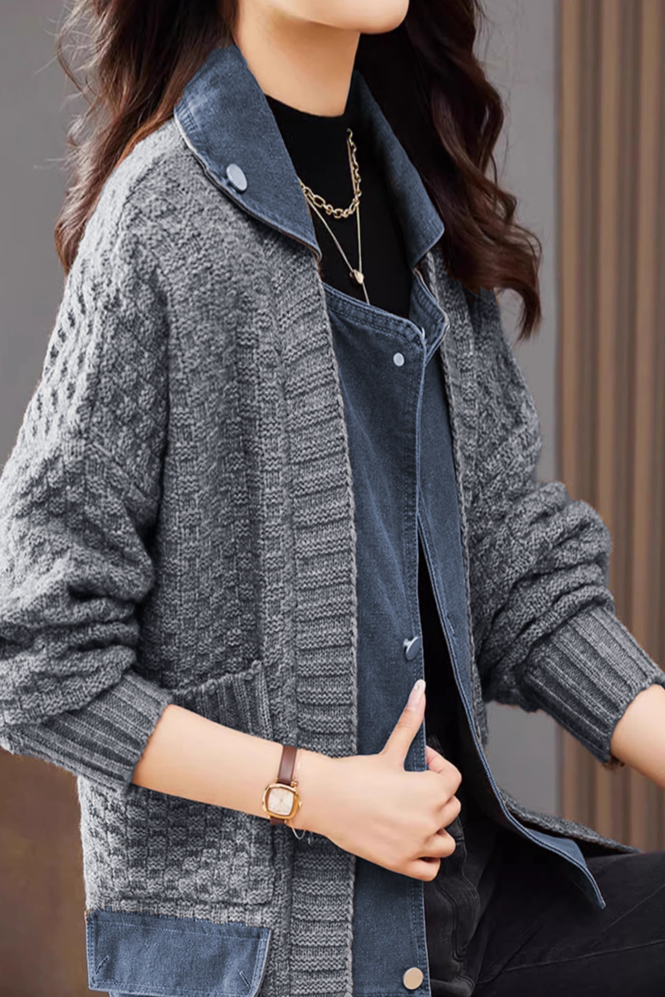 Spliced knitted cardigan coat - liwisi