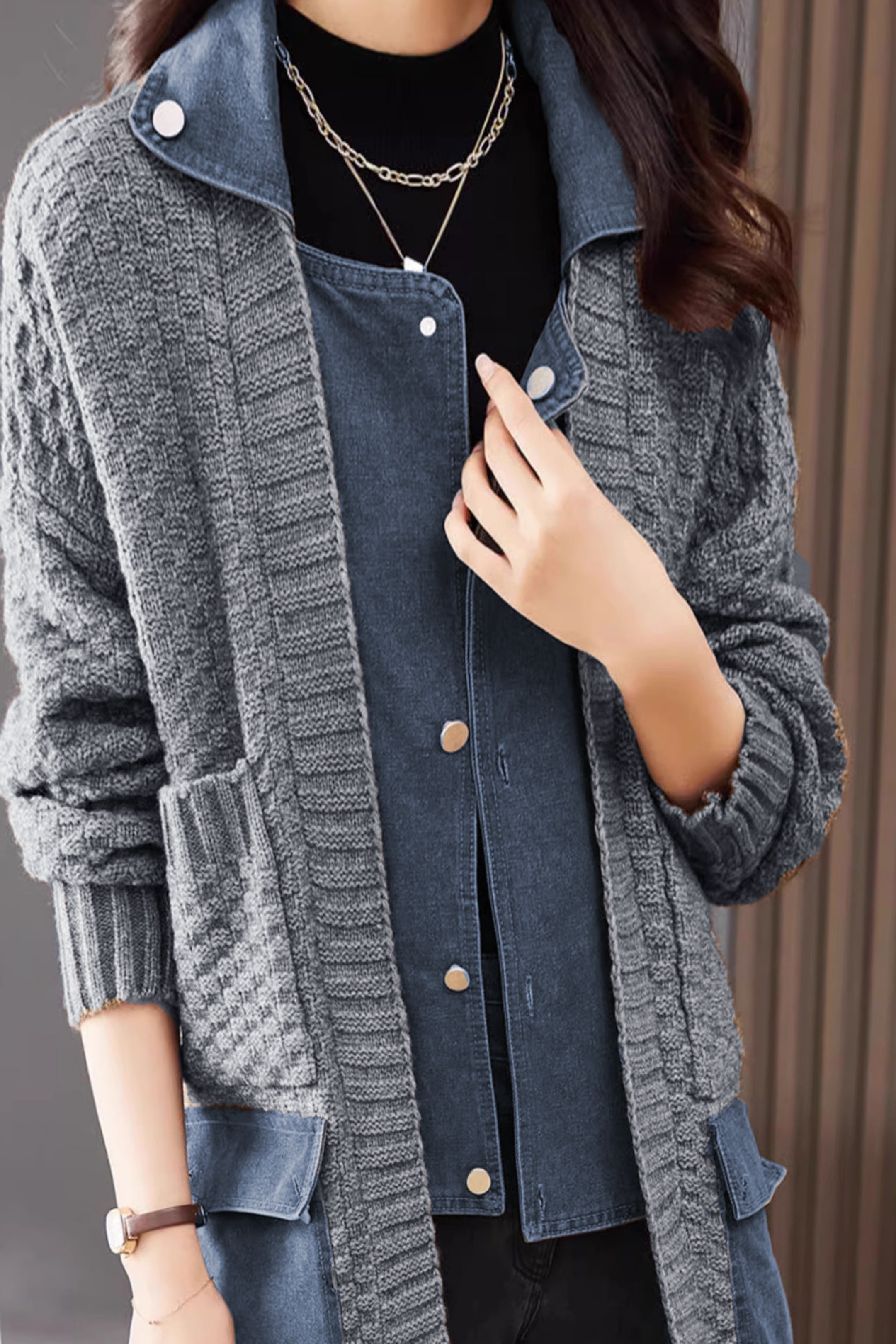 Spliced knitted cardigan coat - liwisi
