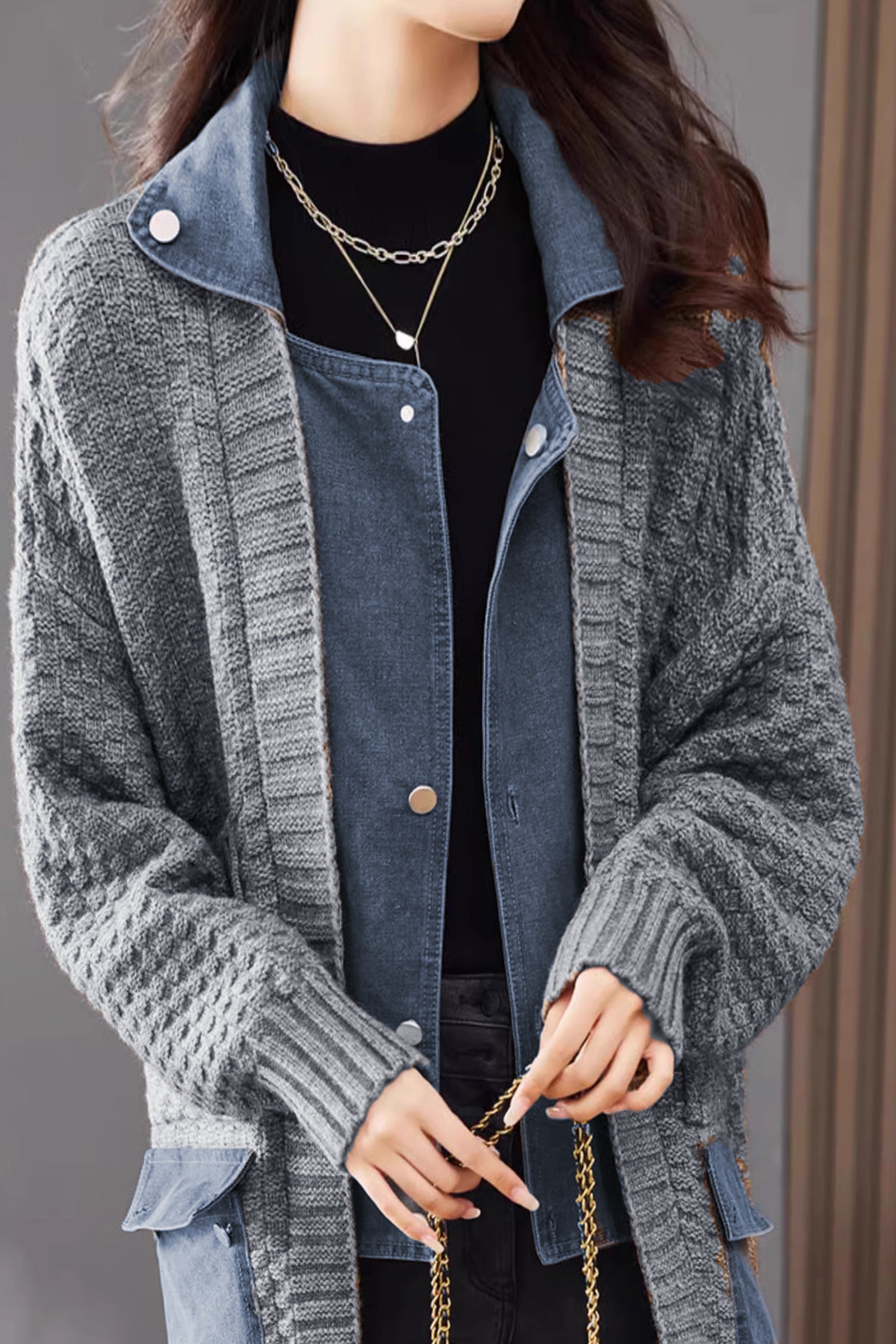 Spliced knitted cardigan coat - liwisi