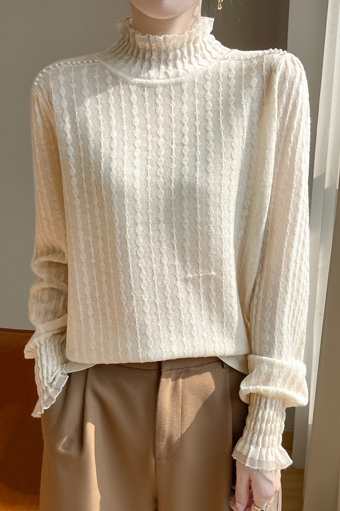 Lace-trimmed semi-high-neck base layer shirt - liwisi
