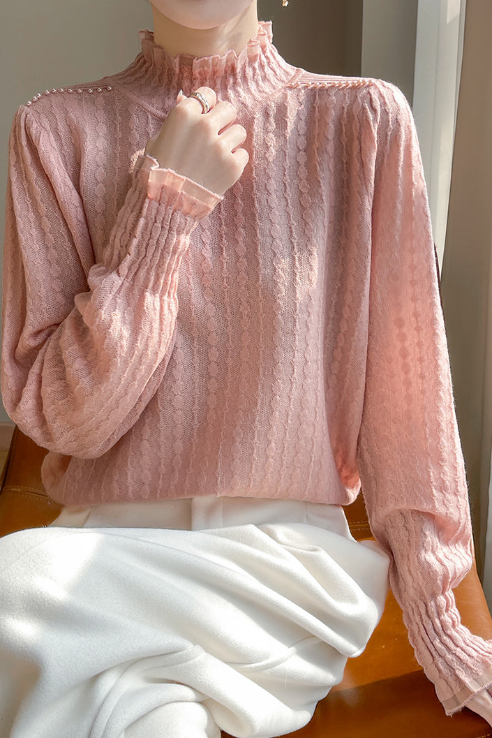 Lace-trimmed semi-high-neck base layer shirt - liwisi