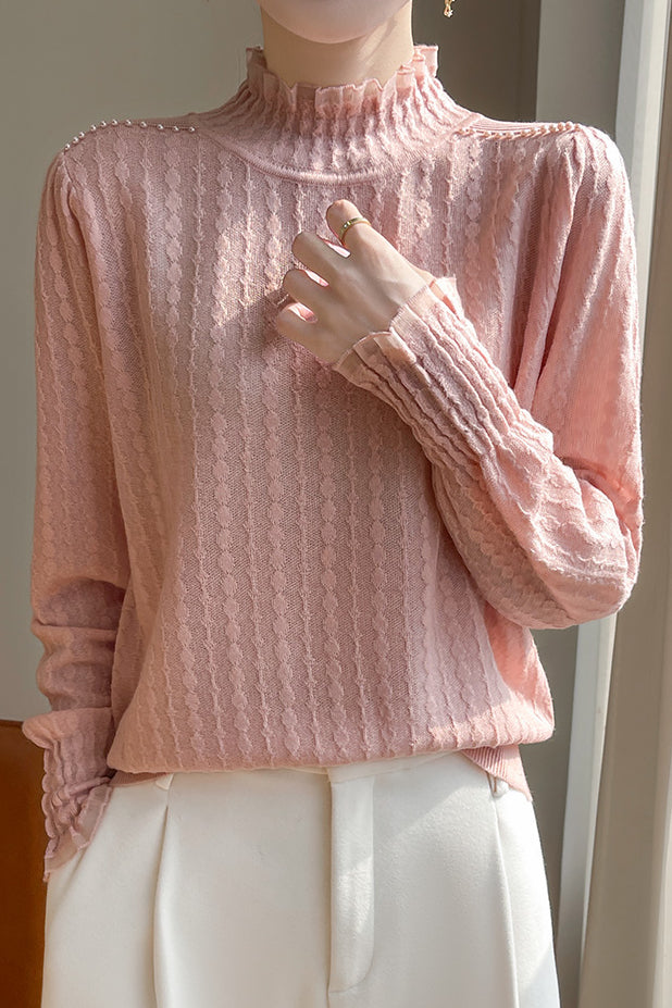 Lace-trimmed semi-high-neck base layer shirt - liwisi