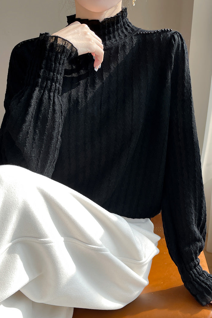 Lace-trimmed semi-high-neck base layer shirt - liwisi