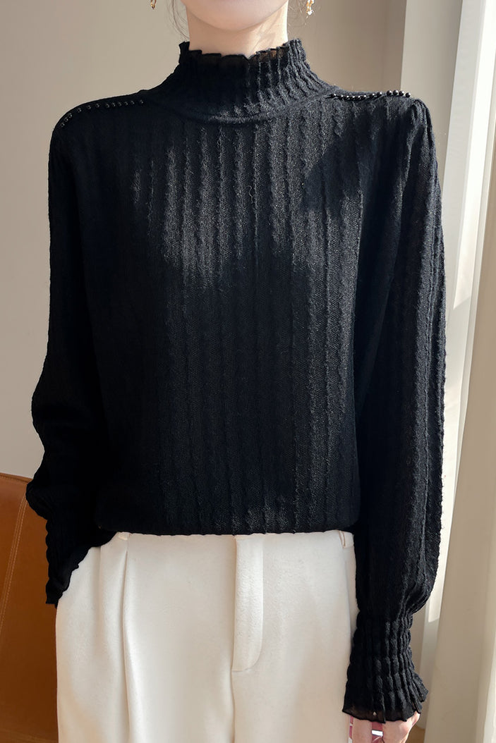 Lace-trimmed semi-high-neck base layer shirt - liwisi