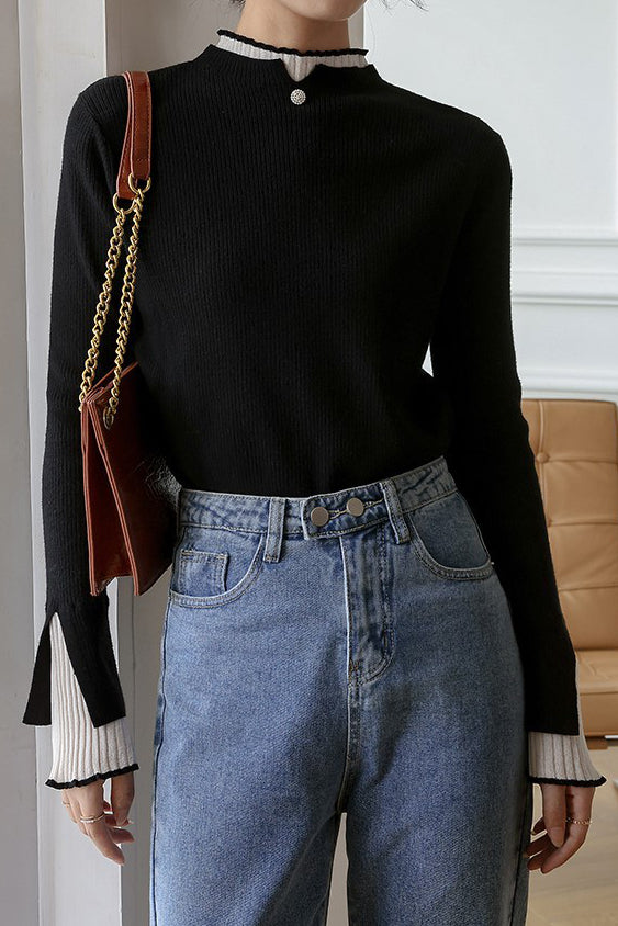 Faux two-piece half-turtleneck knitted top - liwisi