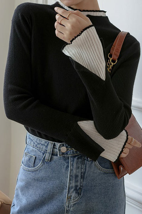 Faux two-piece half-turtleneck knitted top - liwisi