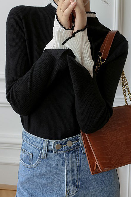 Faux two-piece half-turtleneck knitted top - liwisi