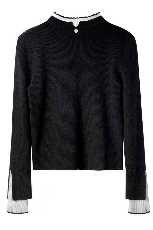 Faux two-piece half-turtleneck knitted top - liwisi