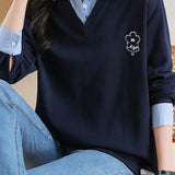Faux two-piece embroidered plus-size shirt - liwisi