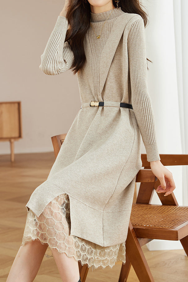 Lace-edged spliced knitted skirt - liwisi