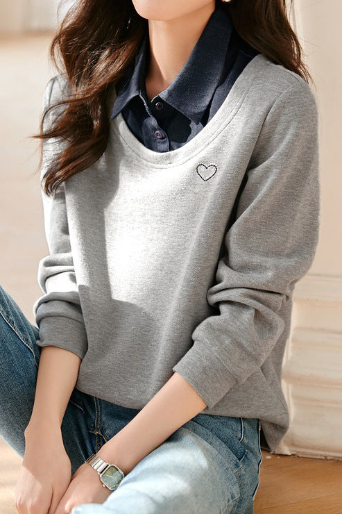 Elegant fake two-piece spliced color-block top - liwisi