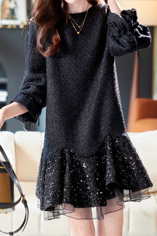 Round-neck mesh sequin spliced dress - liwisi