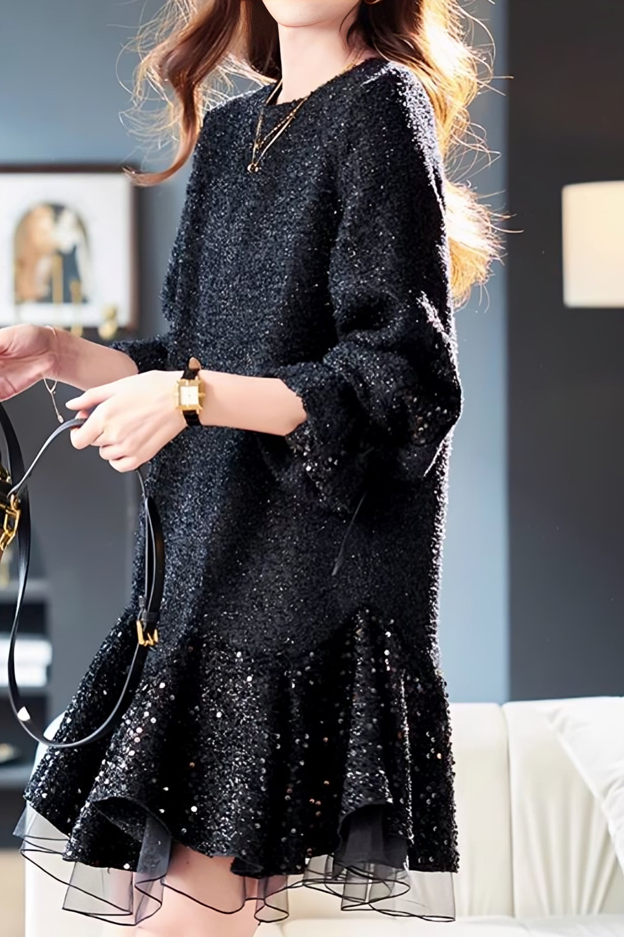 Round-neck mesh sequin spliced dress - liwisi