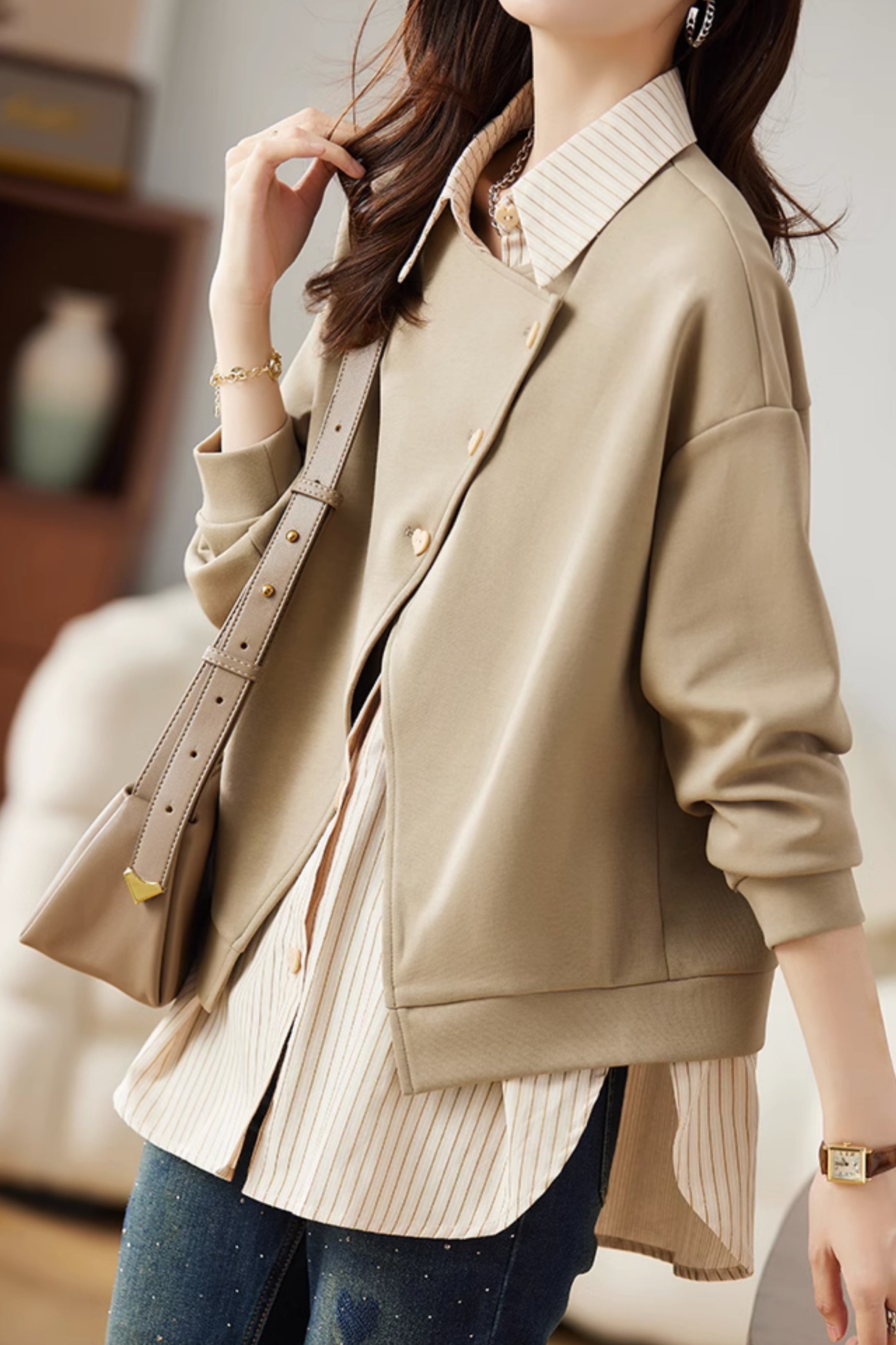 Two - piece Casual Sweatshirt with Stripe Patchwork - liwisi