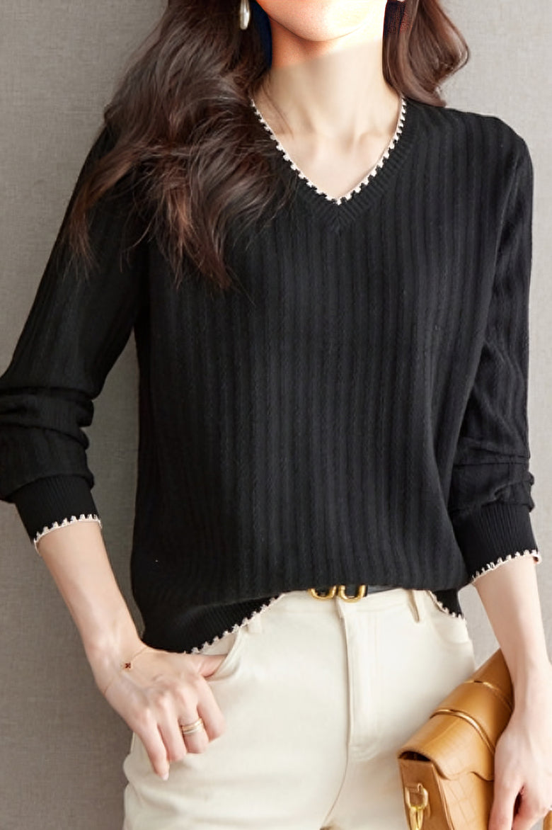 V-neck versatile ribbed knitwear - liwisi