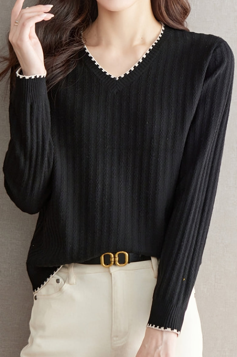 V-neck versatile ribbed knitwear - liwisi