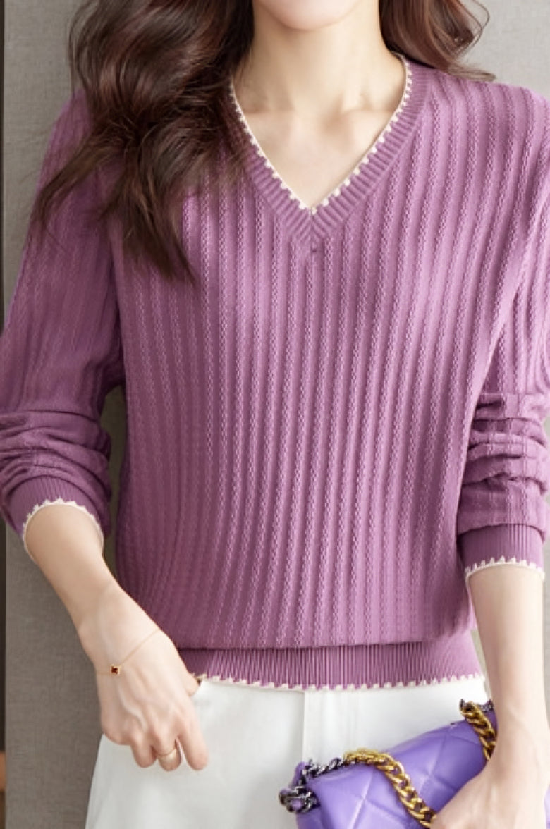 V-neck versatile ribbed knitwear - liwisi
