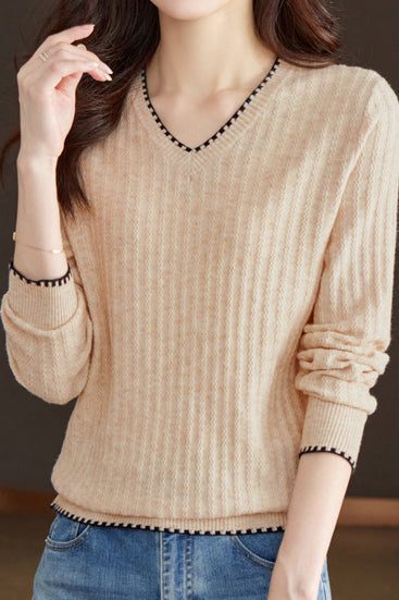 V-neck versatile ribbed knitwear - liwisi