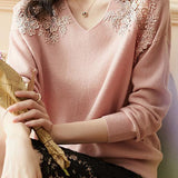 Lace and pearl V-neck sweater - liwisi