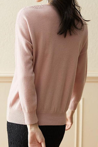 Lace and pearl V-neck sweater - liwisi