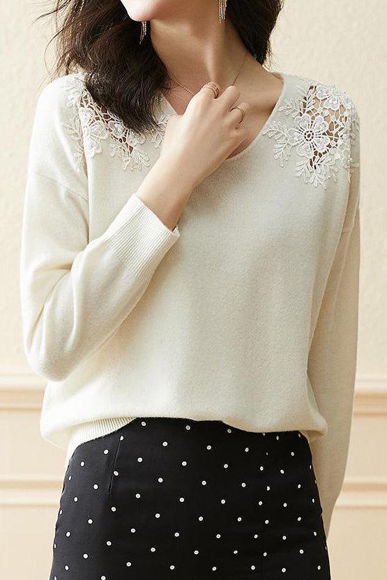 Lace and pearl V-neck sweater - liwisi