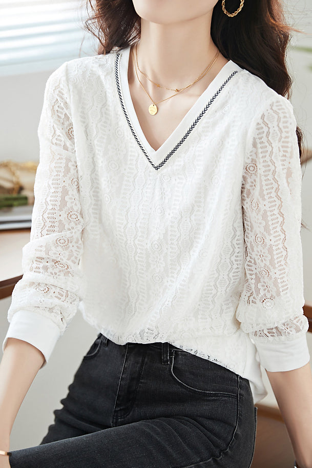 Elegant V-neck lace bottoming shirt - liwisi