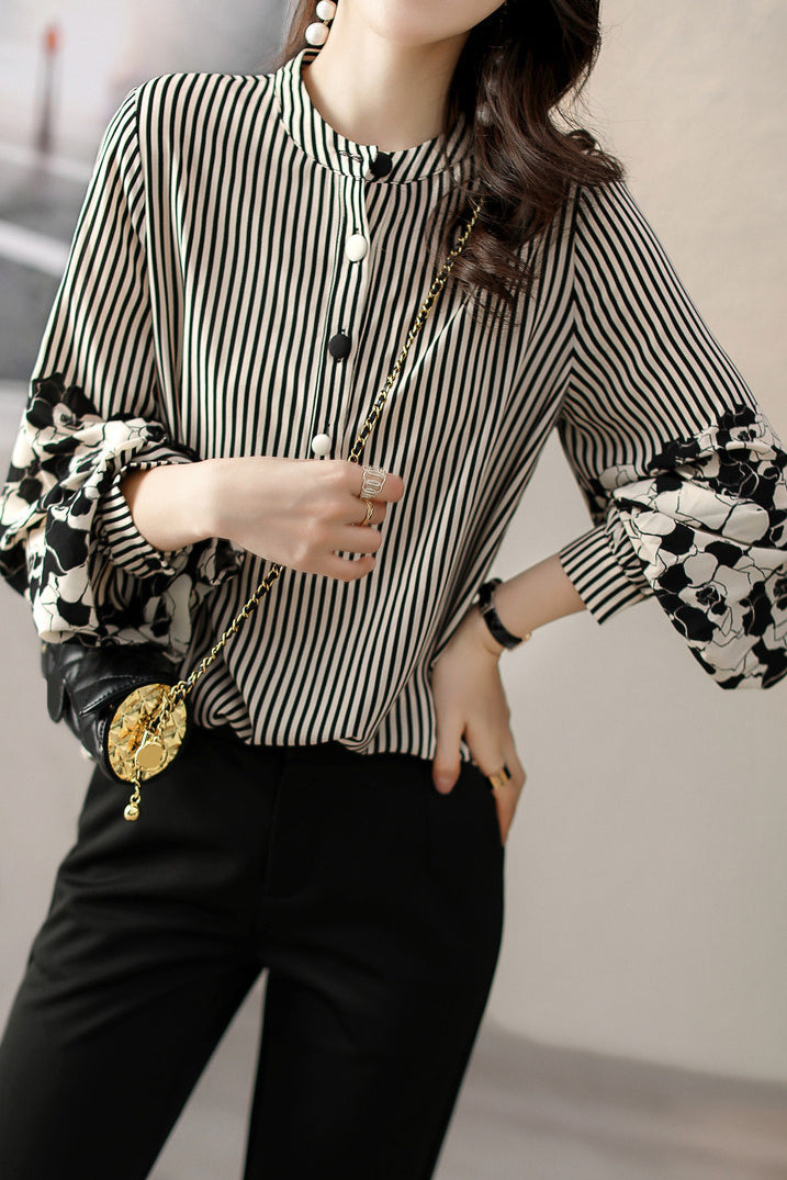 Striped lantern-sleeve shirt that is slimming and all-match - liwisi