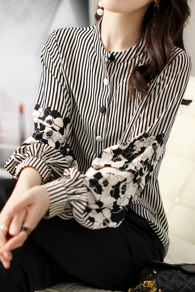 Striped lantern-sleeve shirt that is slimming and all-match - liwisi