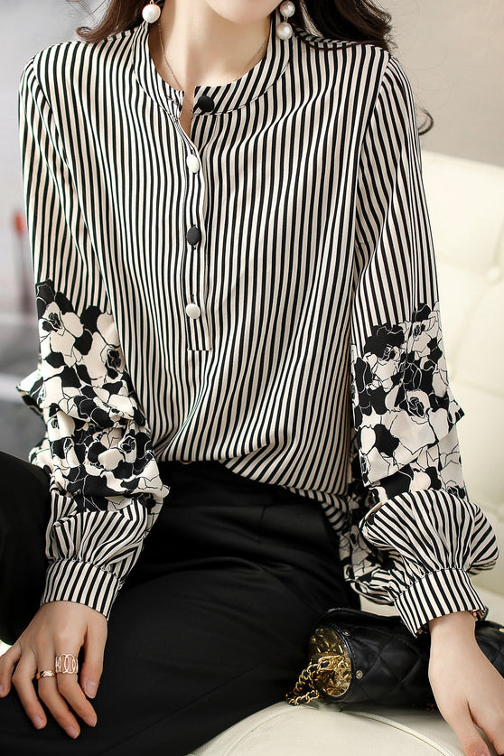 Striped lantern-sleeve shirt that is slimming and all-match - liwisi