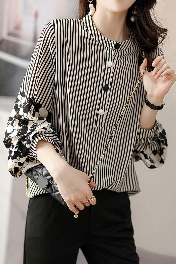 Striped lantern-sleeve shirt that is slimming and all-match - liwisi