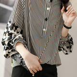 Striped lantern-sleeve shirt that is slimming and all-match - liwisi